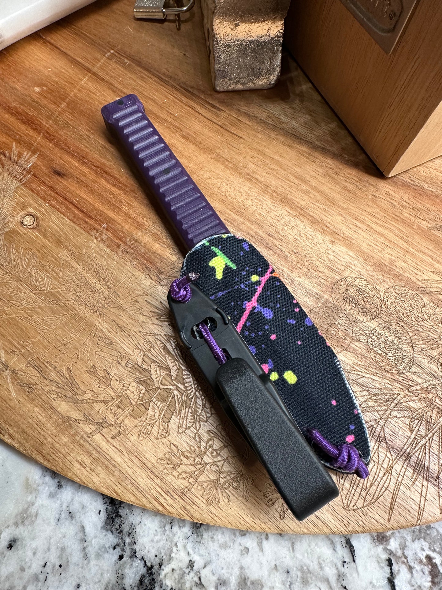 6” Non Metallic G10 Knife - Purple G10 Scales - Paint Spatter Sheath