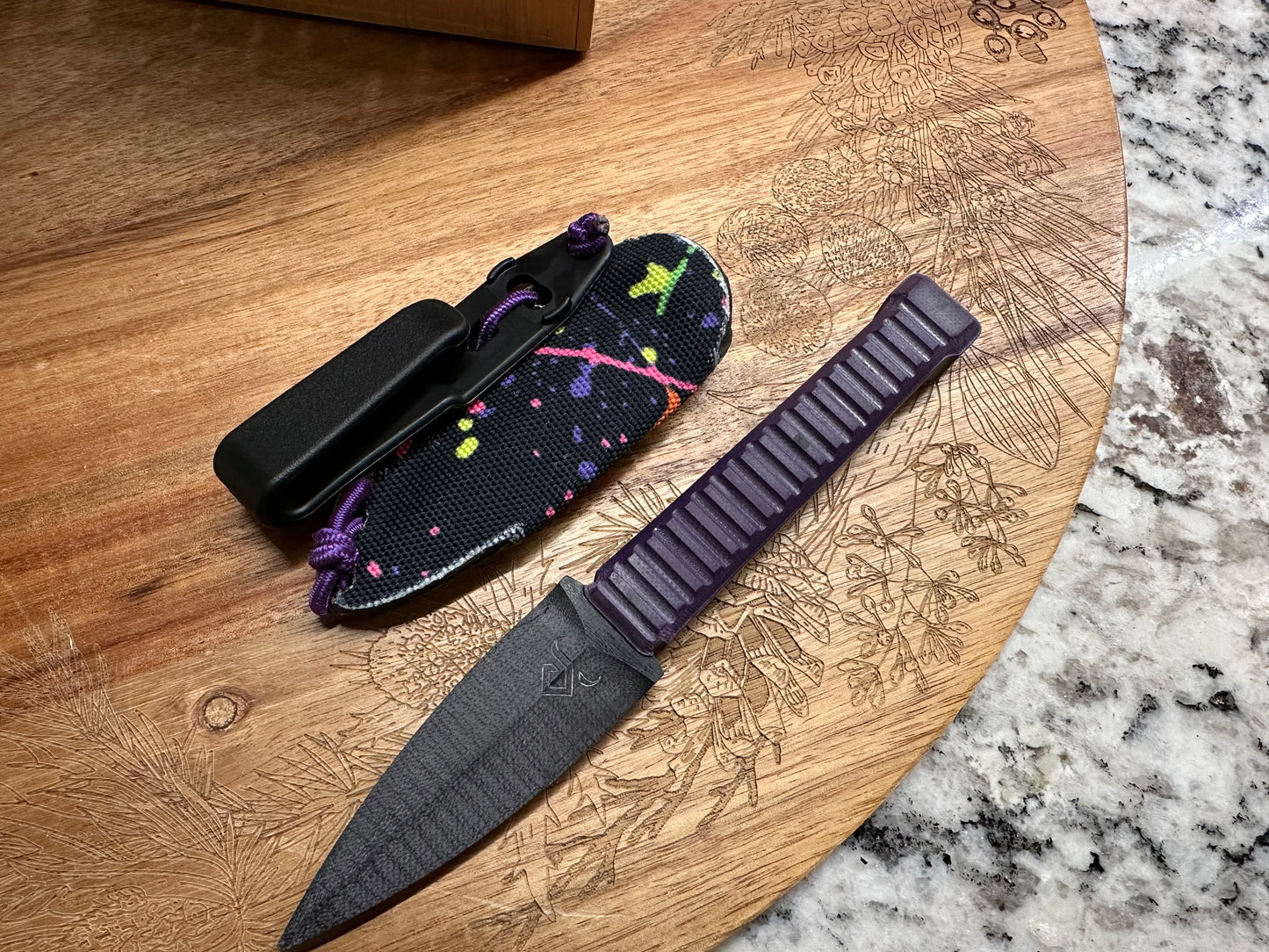 6” Non Metallic G10 Knife - Purple G10 Scales - Paint Spatter Sheath